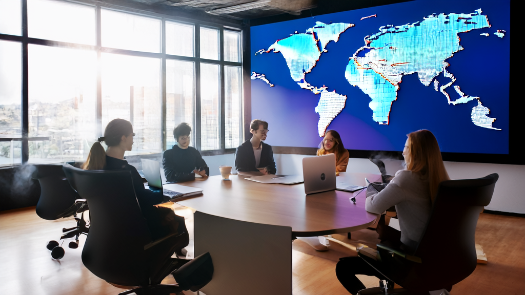 Young entrepreneurs in an office using HeyGen AI video translation technology for personalized email marketing planning