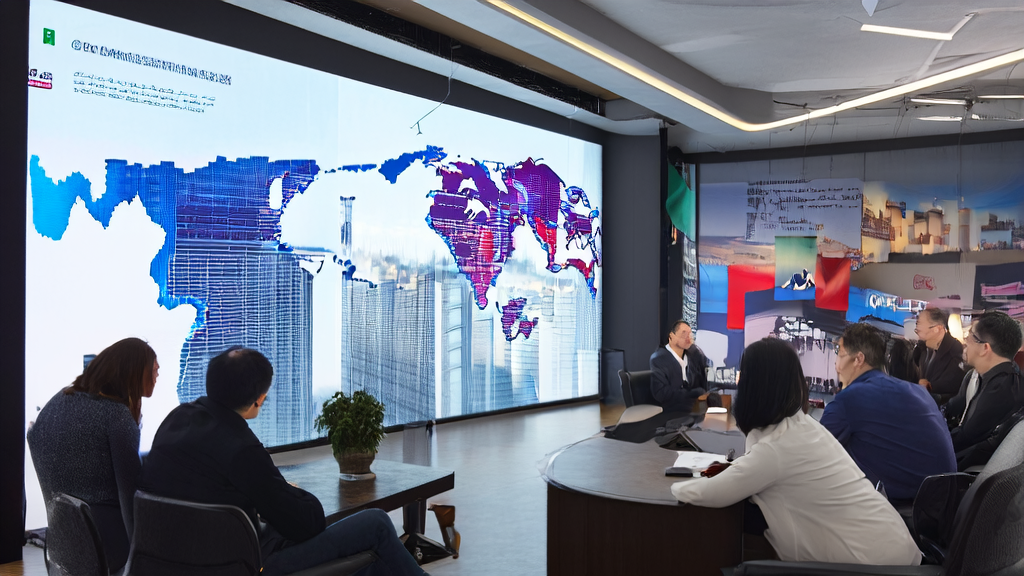 AI视频翻译技术在现代化办公室中的应用，展示多语言广告投放和全球化营销的场景