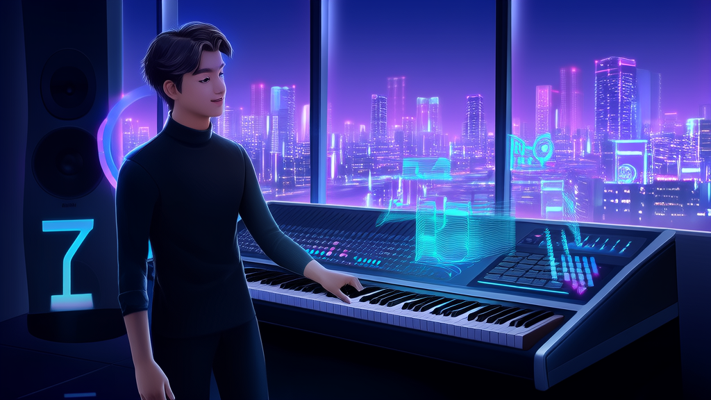 Musician creating music in real-time using AI voice recognition technology in a futuristic music studio