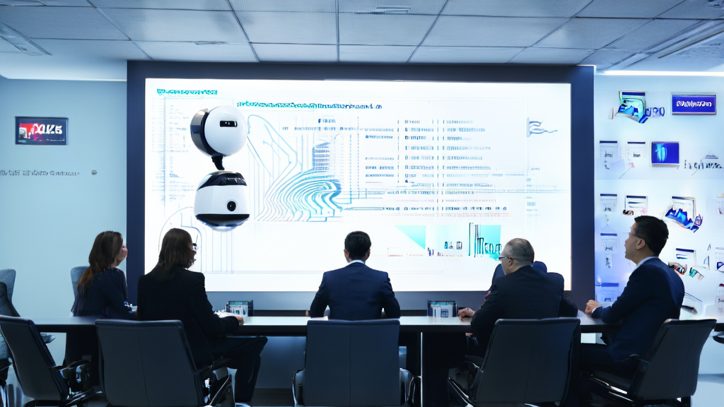 Scene depicting the application of AI voice recognition technology in B2B export, featuring an intelligent customer service robot and data analysis