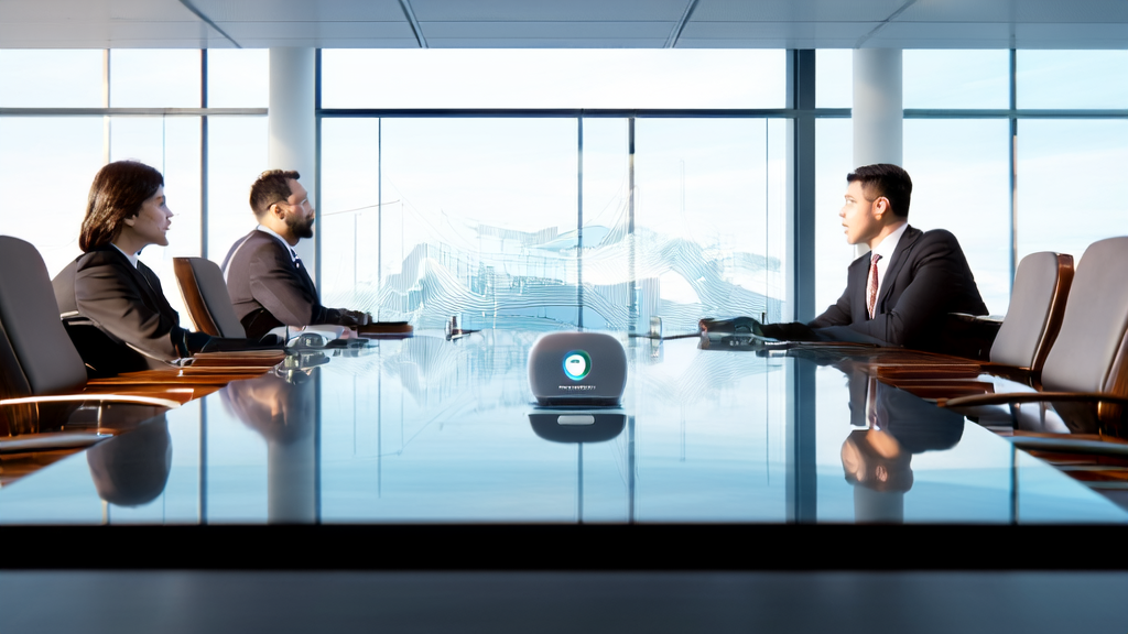 In a bright modern office, business professionals are using the Anker Soundcore Work AI voice recorder for efficient meeting transcription.