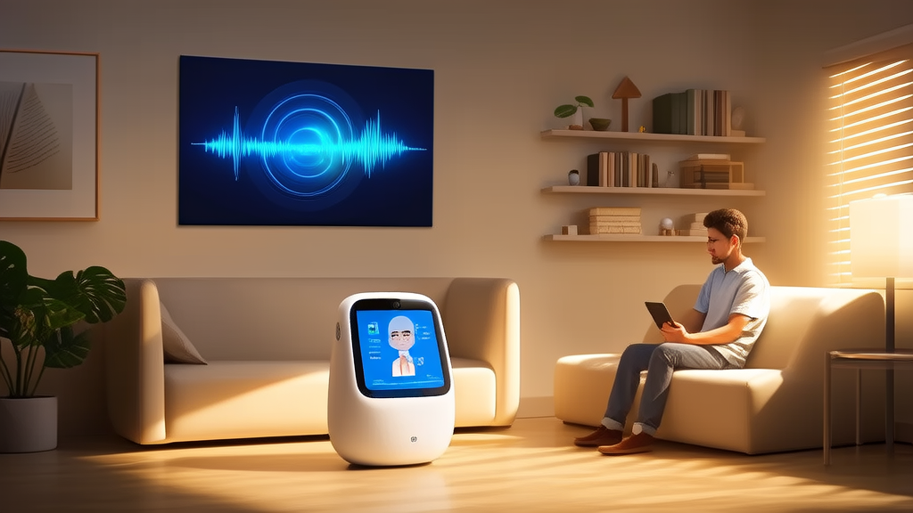 In a sunlit room, a young person is using AI voice recognition technology to practice social skills.
