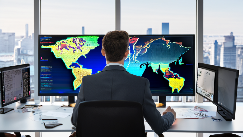 现代化办公室中创业者使用AI大数据智能获客系统和跨境电商AI选品工具，结合GenSpark Agentic Download Agent进行高效工作