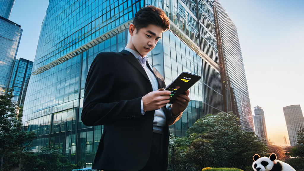 Entrepreneur using Ali MaskSearch for AI-driven client acquisition, with a city street background and a wool felt panda representing Alibaba