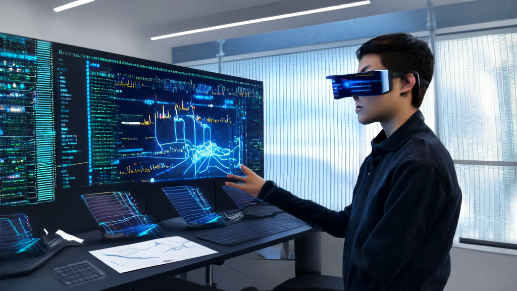 Entrepreneur using Alibaba AI glasses in a high-tech lab for intelligent content generation and customer screening
