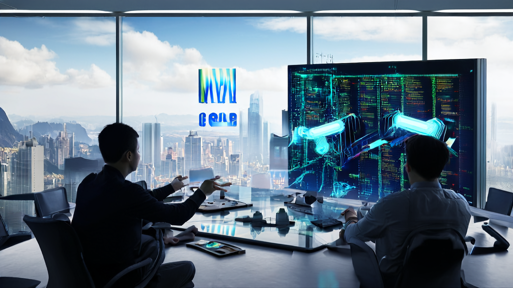 Engineers are demonstrating Alibaba DAMO Academy's open-source embodied AI technology, with code and data streams on the screen showcasing how AI improves customer acquisition efficiency for businesses.