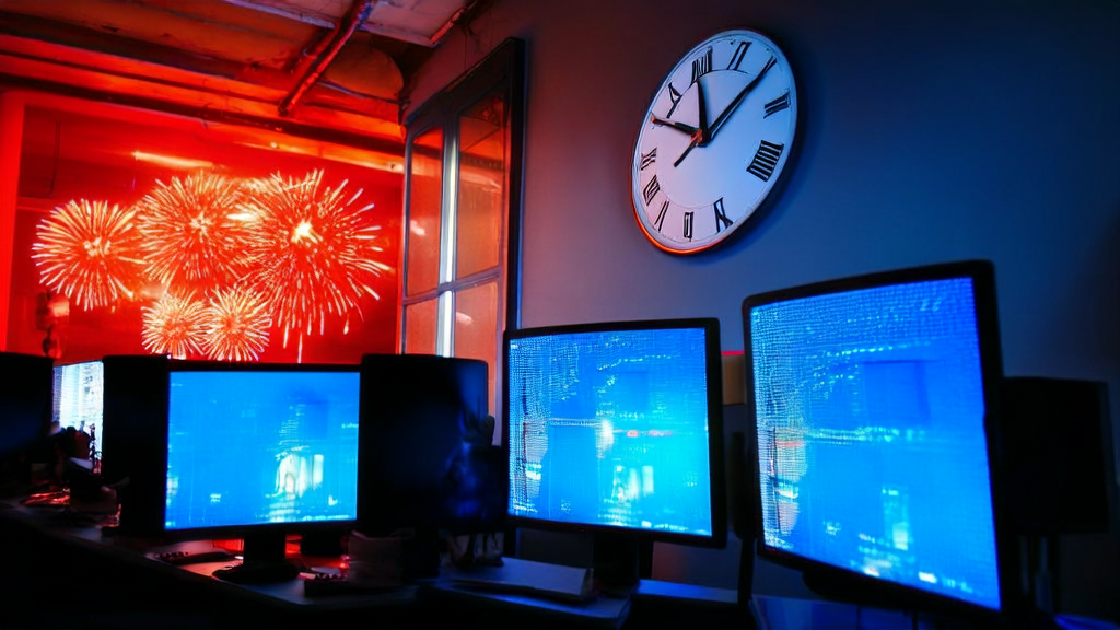 Alibaba engineers working on AI projects during the Spring Festival, with a futuristic city night scene in the background
