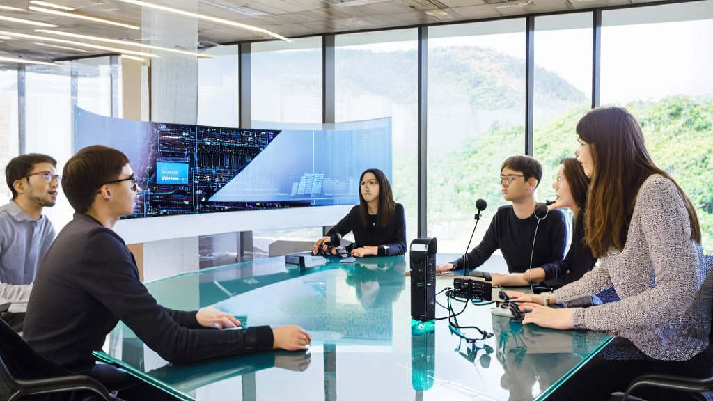 Marketing team discussing Alibaba's ThinkSound AI audio generation technology in an office meeting