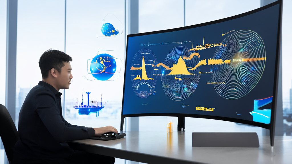 An export enterprise entrepreneur using Alibaba's open-source WebSailor for AI-powered customer acquisition, set against a backdrop of a modern office and international trade elements