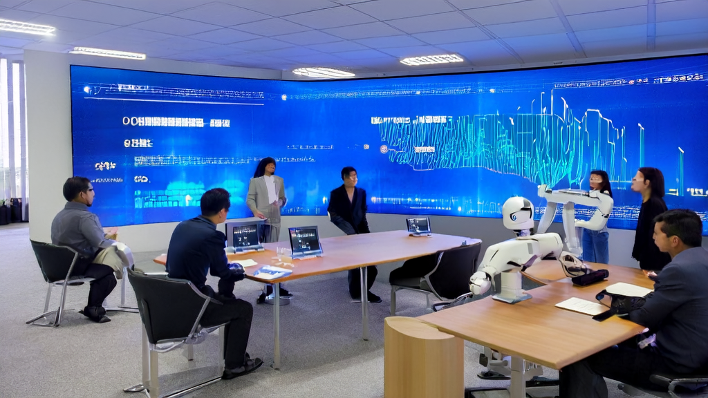 阿里巴巴ZeroSearch技术展示，现代化办公室内的员工正在讨论AI获客的新趋势。