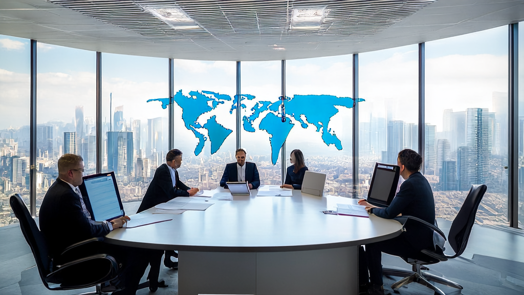 Business professionals discussing Alibaba ZeroSearch and AI customer acquisition technology in a modern office, with a world map on the wall and a server representing the core technology in the corner.