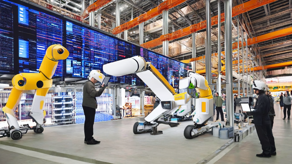 A modern Amazon warehouse with intelligent robots and a backdrop of Southeast Asian market streets, illustrating the application of AI in logistics and international market acquisition.