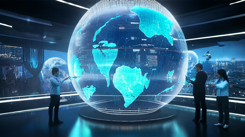 Future vision of Amazon Bedrock: Scientists interact with screens via gestures in a high-tech virtual lab, optimizing AI models, with the skyline of a futuristic city in the background.