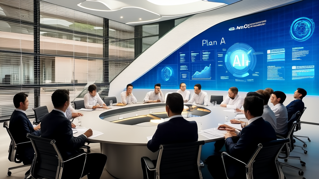 蚂蚁集团总部大楼内的AI人才正在讨论“Plan A”项目，背景为展示AI算法和Quora客户采集数据的屏幕。