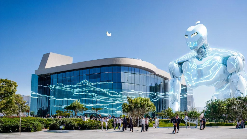 Modern Apple headquarters with an interactive AI robot model, symbolizing its ambition in AI customer acquisition