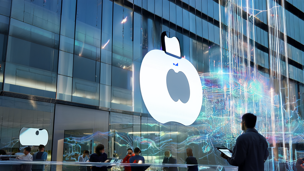 苹果公司开放其AI模型，开发人员在现代化办公室中紧张工作，准备迎接新技术的到来。