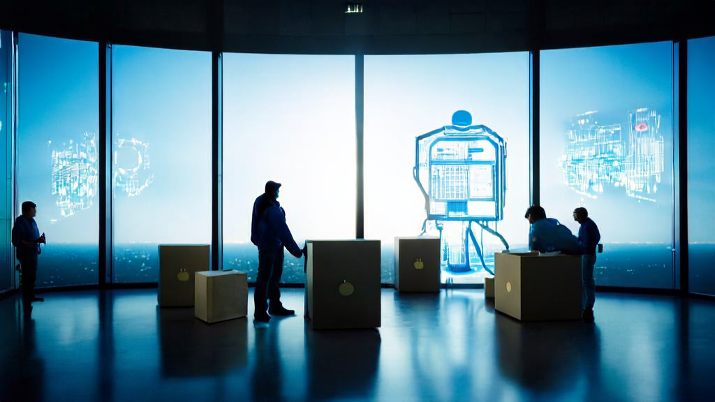 Apple's AI talent drain, with engineers packing up at the office, contrasted with virtual imagery of future AI technologies like intelligent customer service bots, big data analytics platforms, and automated marketing tools, symbolizing challenges and hopes.