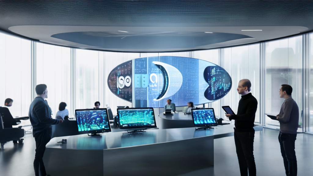 Cook announces Apple's ALL-IN AI strategy at an all-hands meeting, with a backdrop of a high-tech office and Apple product icons wall