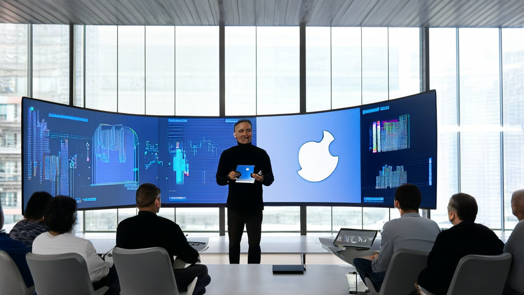 Tim Cook announces increased AI investment at Apple's office, with engineers discussing the AI customer data collection system.