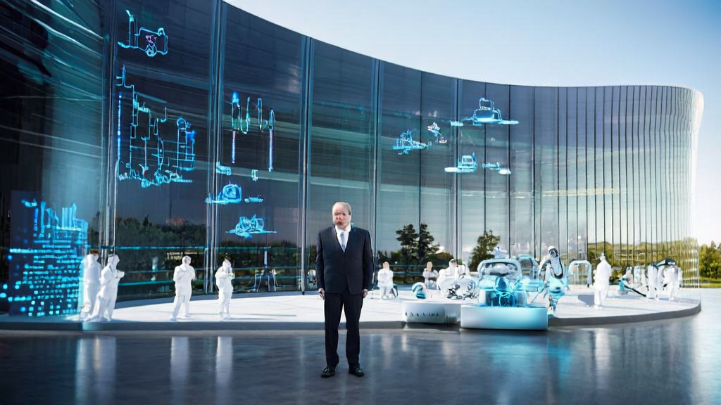 Apple's headquarters, with Tim Cook presenting the AI acquisition strategy in front of a transparent screen, while researchers and smart devices work in the background.