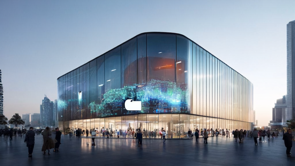 Developers discussing AI models inside an Apple store, with smart billboards displaying personalized content