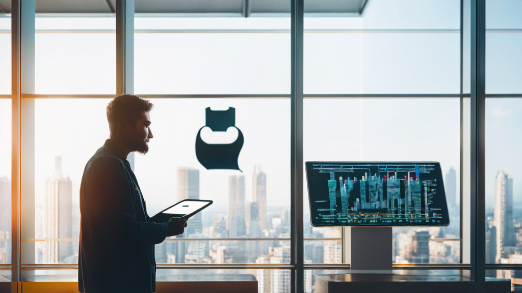 Data scientist using AI client prediction model in a modern office with Apple logo on the background wall
