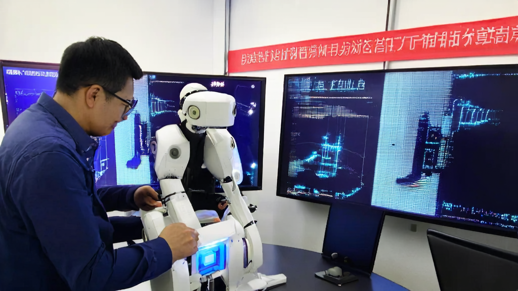 北京团队突破，全球首个人形机器人3D视觉系统诞生，工程师们正在调试机器人，背景墙上挂着庆祝横幅。