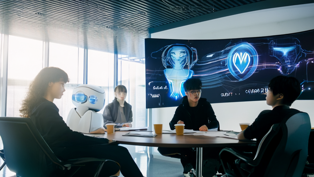 几名创业者在现代化办公室中使用B站即将推出的“代号H”AI创作工具进行头脑风暴