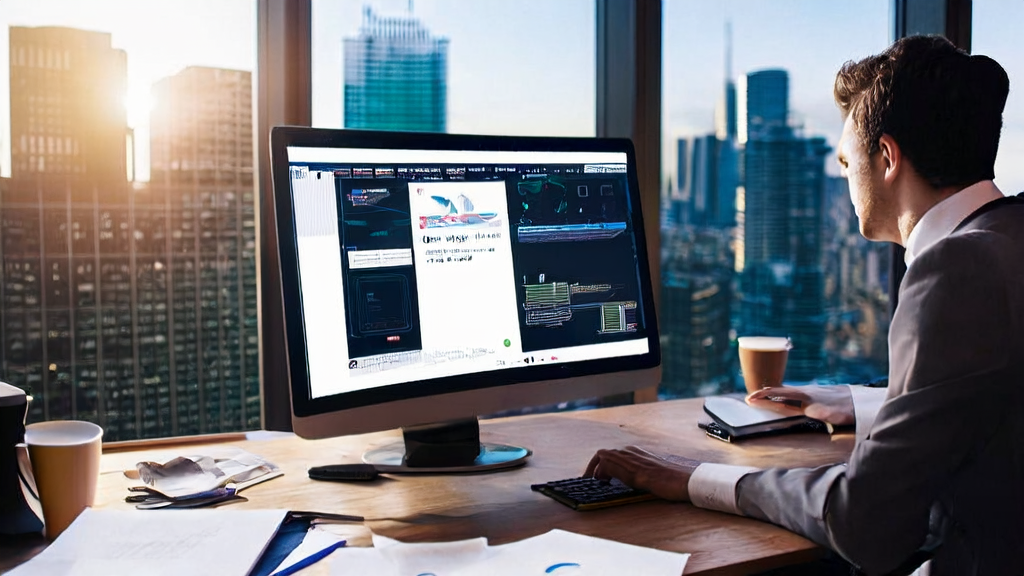 Business professional in an office using Bilibili InsightAgent and AI email polishing tools to optimize international trade emails