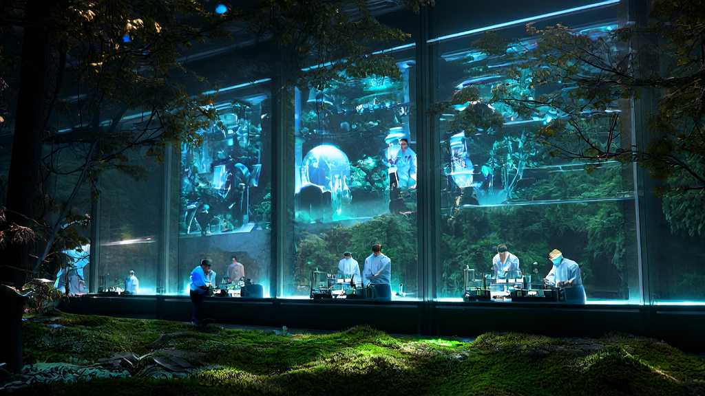 Scientists working in a futuristic lab at Black Forest Labs, showcasing realistic art images generated by the FLUX.1-Krea model.