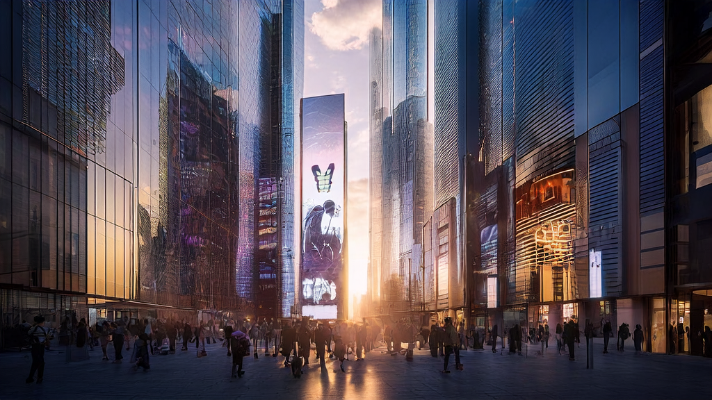A city center at sunset with an AI model sculpture and smart billboards showcasing the future of marketing