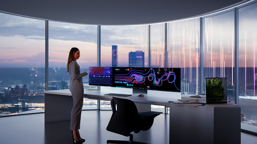 基于AI的高转化邮件营销策略,展示在现代办公室中的应用,背景为城市天际线