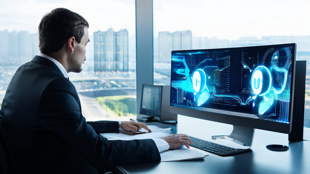 A business person using an AI email polishing tool to edit an export trade email, with a bustling cityscape outside the window