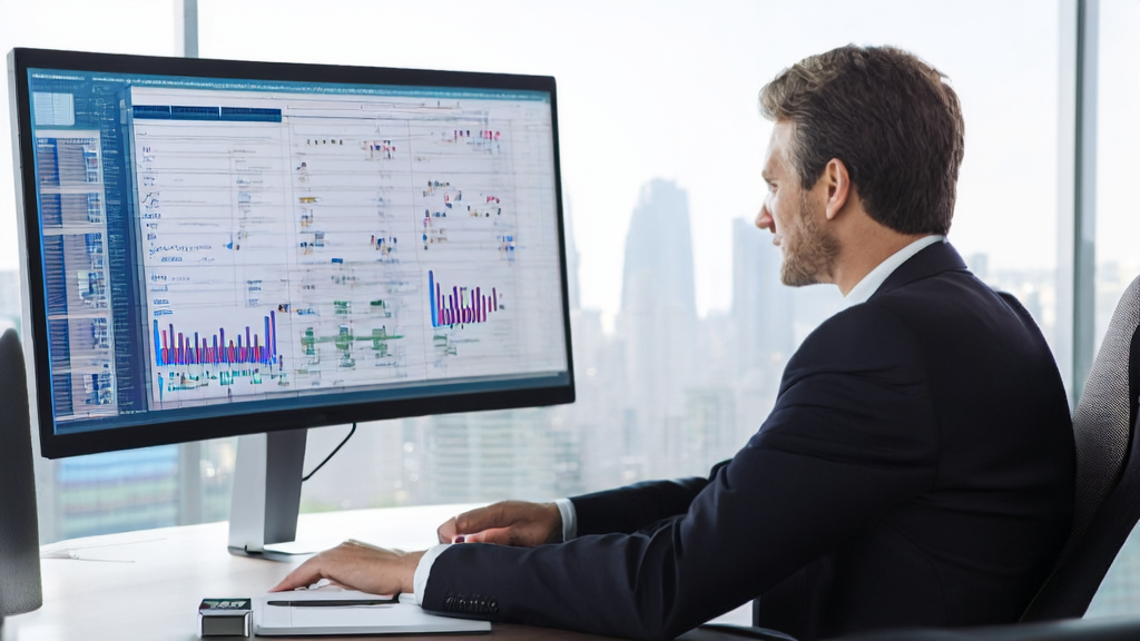 Business professional using AI email marketing tools to optimize customer acquisition process in an office setting