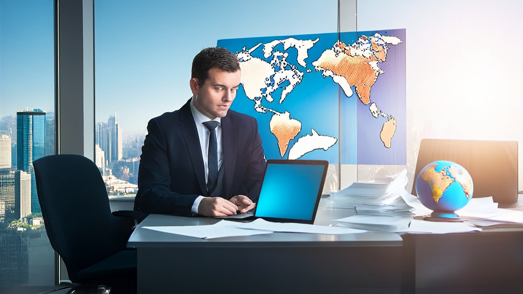 A businessman editing an international trade email in a modern office surrounded by global elements