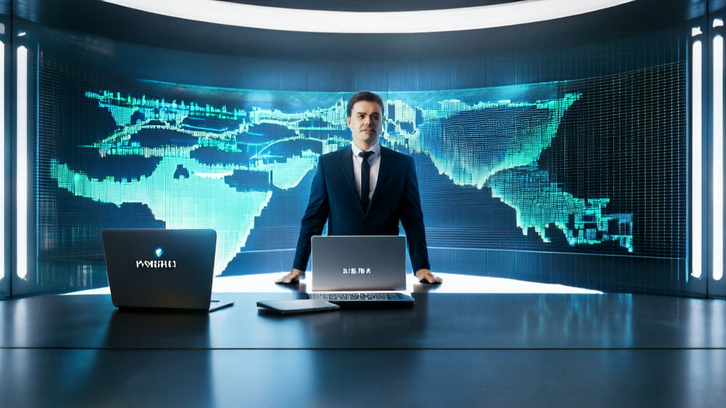 商务人士在充满科技感的办公室中，利用LinkedIn数据和OptoChat AI进行智能客户获取