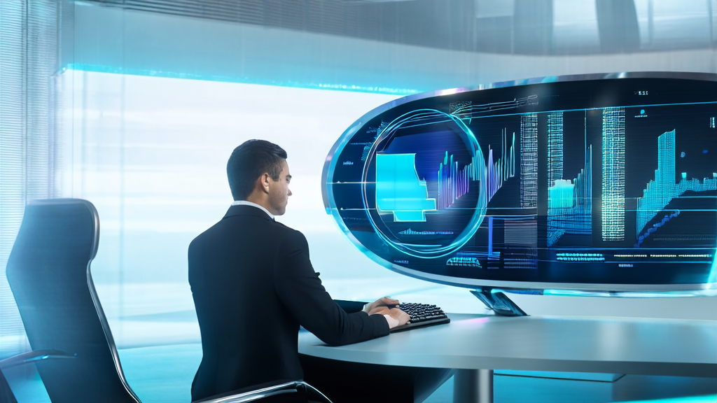 Businessman interacting with ChatGPT in a modern office, showcasing AI customer discovery in B2B markets