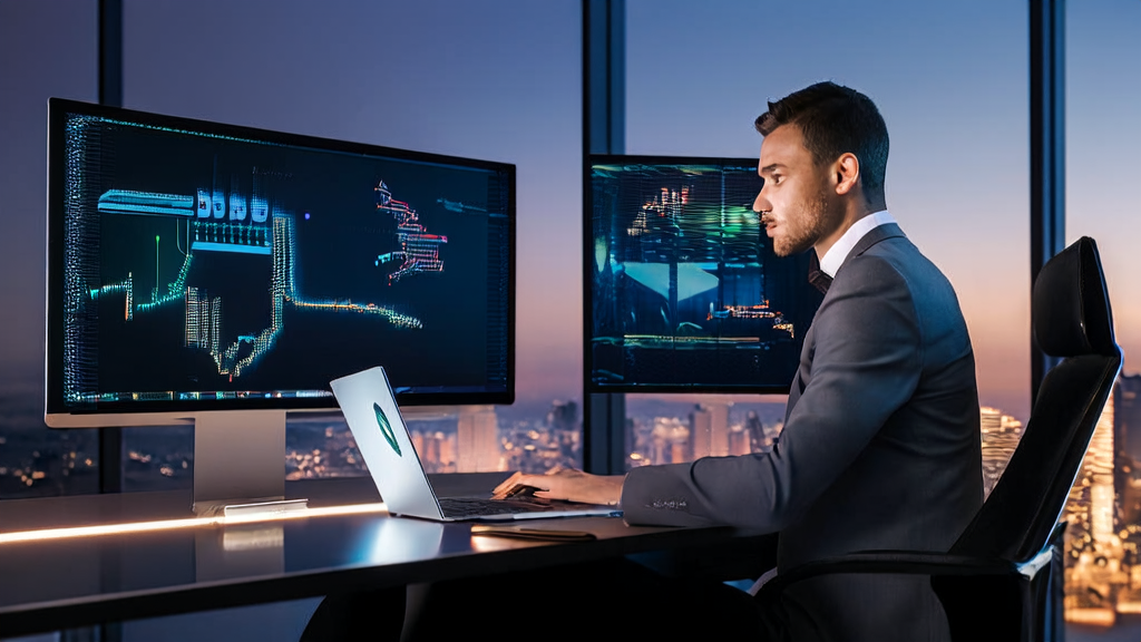 Businessman in a modern office using AI email marketing and Gemini AI assistant