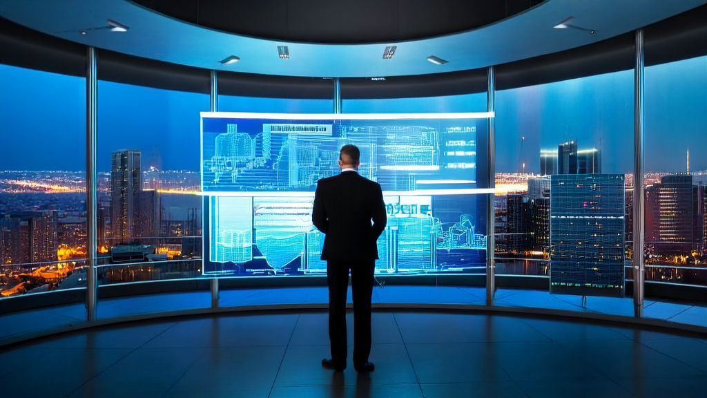 Businessman overlooking city skyline with AI analysis charts and LinkedIn customer data