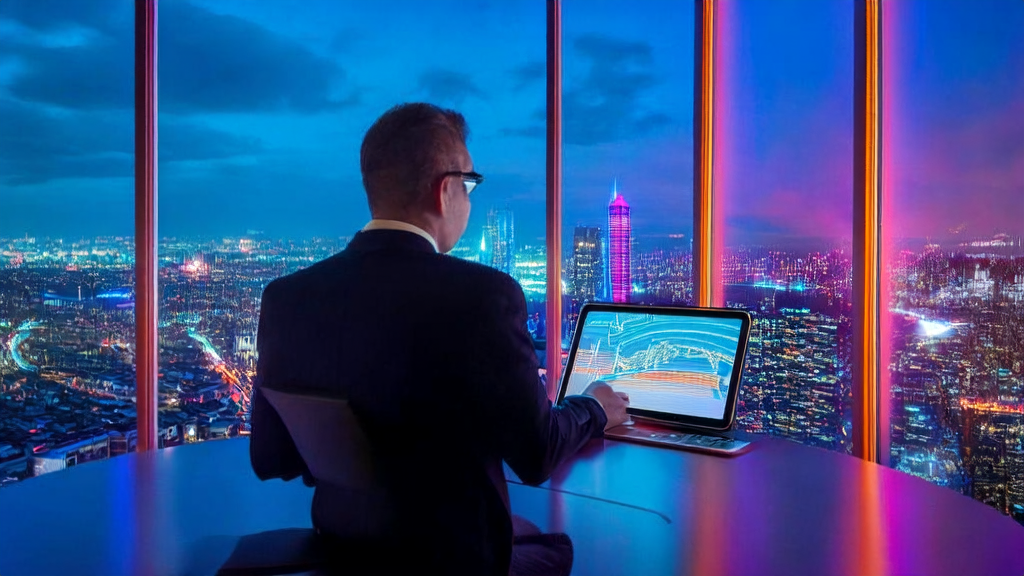 企业家使用搭载高通骁龙8Elite Gen5的平板电脑分析AI预测模型，俯瞰城市夜景，规划全球市场拓展