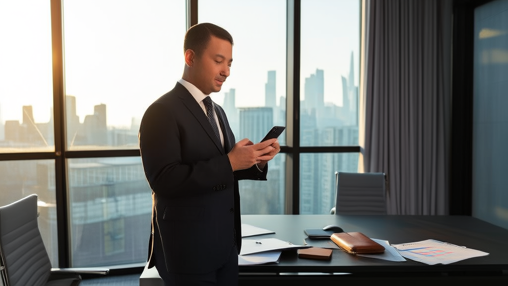 Businessman taking a photo of LinkedIn page with smartphone in a modern office bathed in sunlight