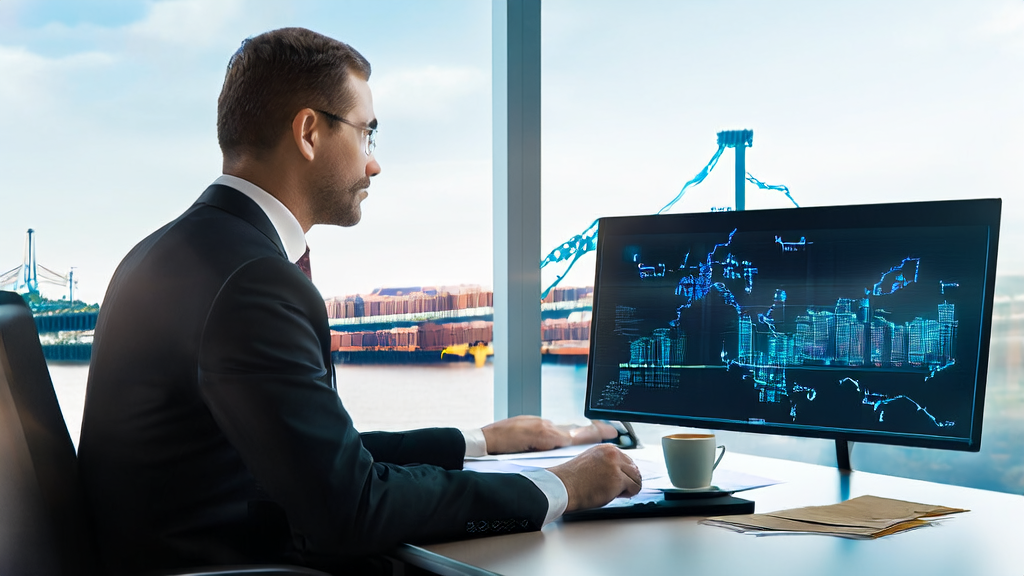 Businessman using AI email polishing tool in a modern office