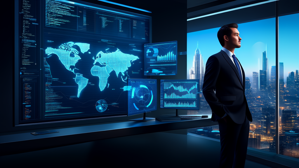 Businessman using AI for customer acquisition, with a city skyline and global market hotspots in the background