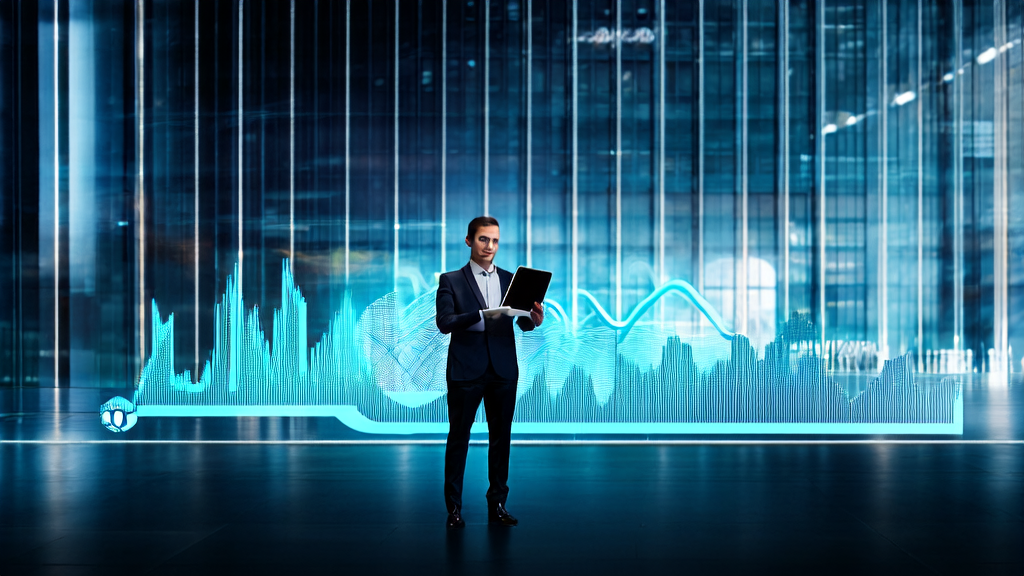 Businessman using AI analytics tools to acquire high-quality clients on LinkedIn, with a background showing Super Micro's performance fluctuations chart