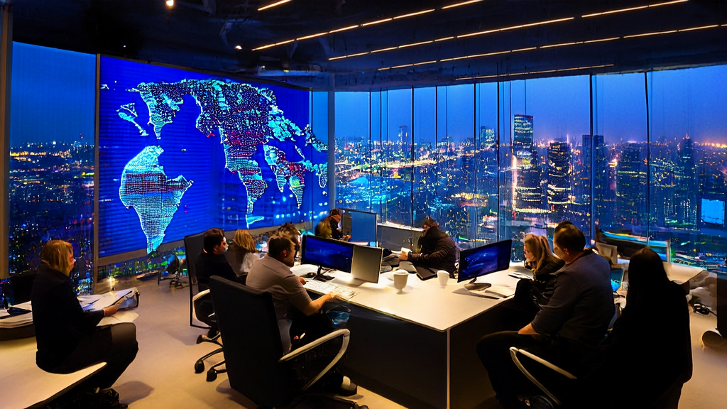 繁忙的跨境电商办公室内，团队使用AI客户预测模型进行数据分析，窗外是城市的夜景，象征全球市场的无限潜力。