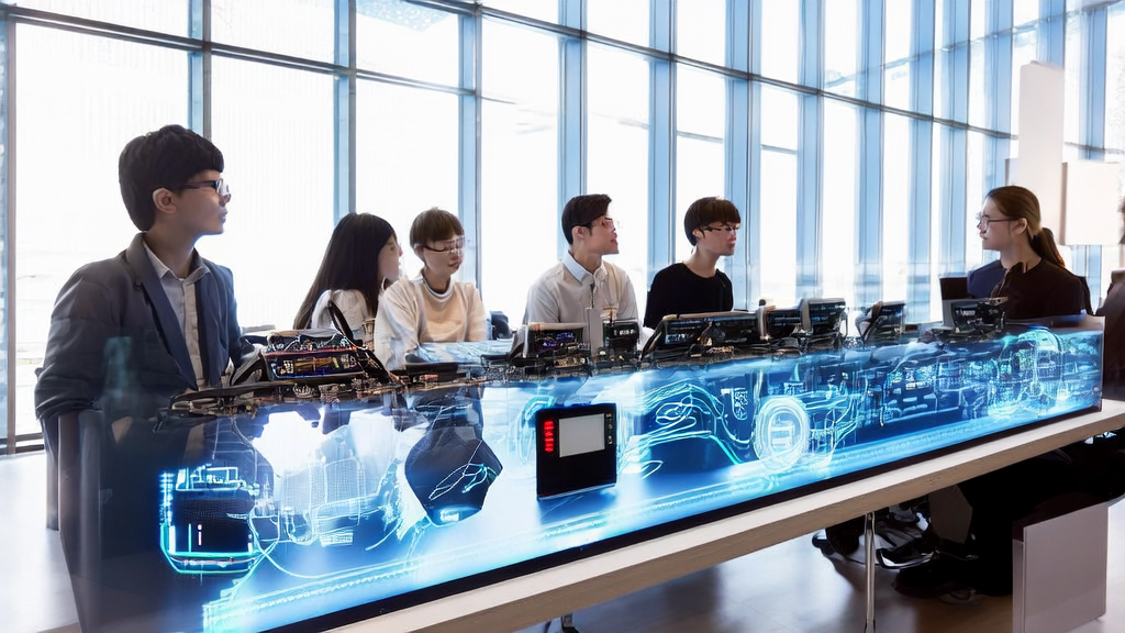 Engineers at ByteDance's office discussing the AI assistant technology of the "DouBao Phone," with sunlight streaming through the windows and several DouBao Phones on the table.