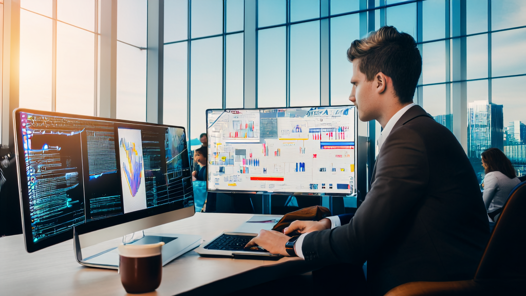 An entrepreneur in an office uses AI to optimize email marketing strategies, with a city skyline in the background and an OpenAI logo on the wall reminding of the need to be cautious about over-reliance on AI.