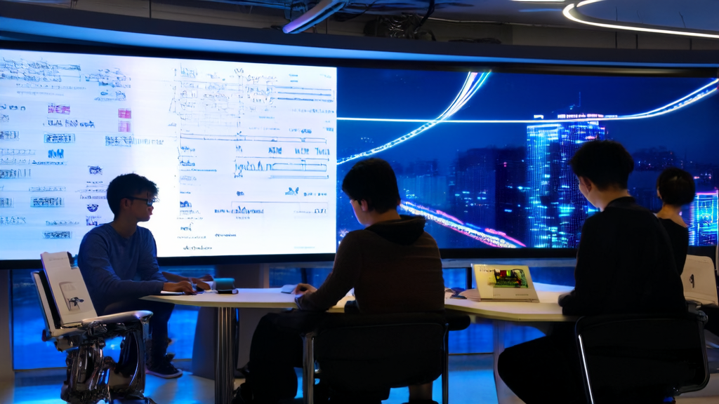 Developers discussing new feature development for ChatGPT amidst a vibrant city night view