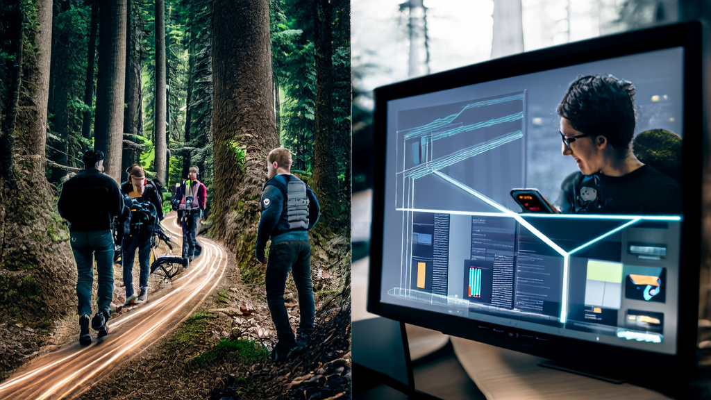 Lost cyclists rescued by ChatGPT in the forest, alongside a scene showcasing AI email marketing technology improving response rates