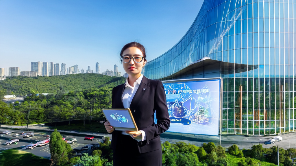 Chinese AI innovation sweeping Silicon Valley, showcasing a modern tech park and a professional woman using an AI-powered customer acquisition system